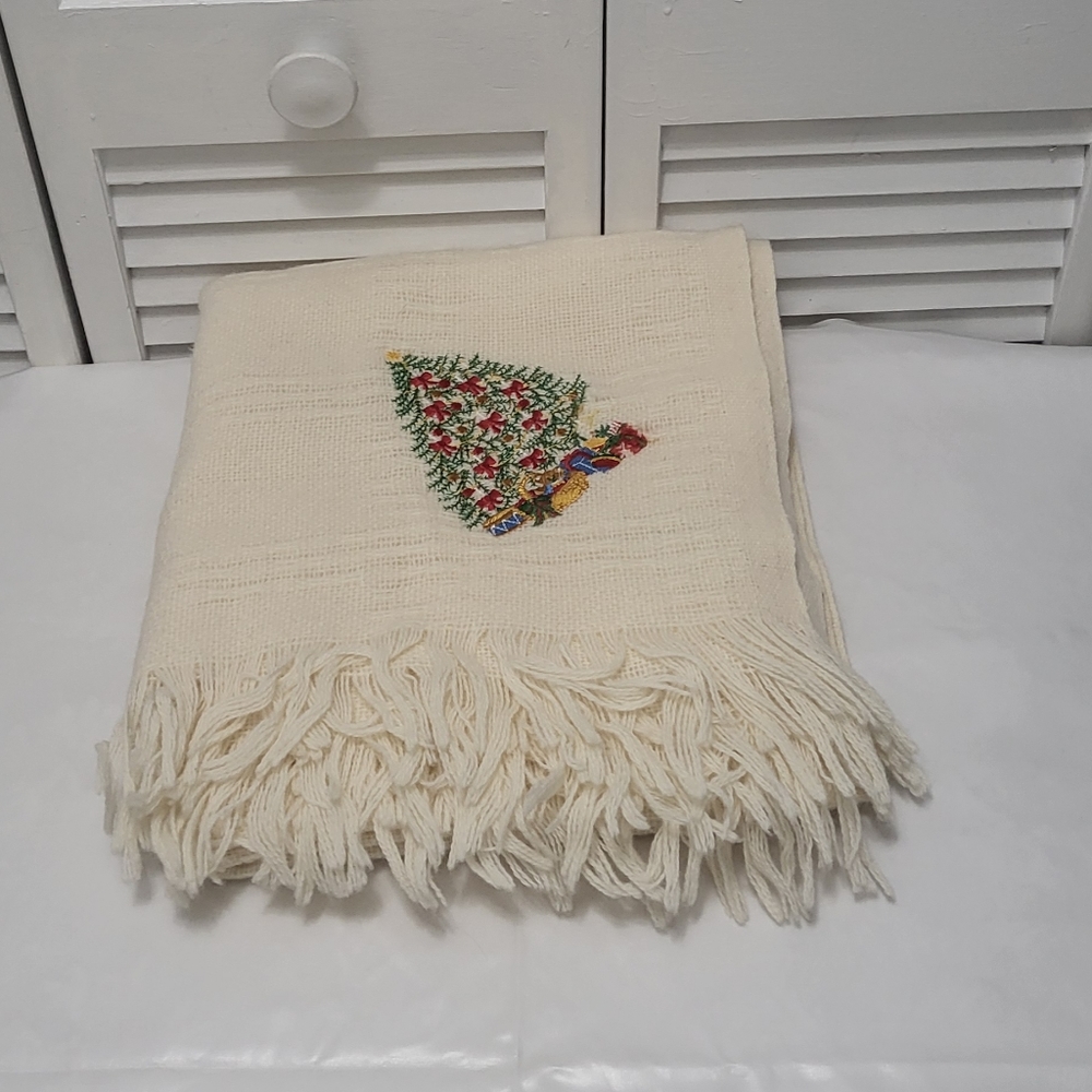 Coming Home with Lands' End 100% wool throw, blanket with embroidery at one end.